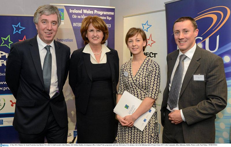 Minister for Social Protection, Joan Burton T.D. visited the Project FUTSAL Ballymun training hub with FAI Chief Executive, John Delaney, left, Siobhán Rudden development officer Ireland Wales Program