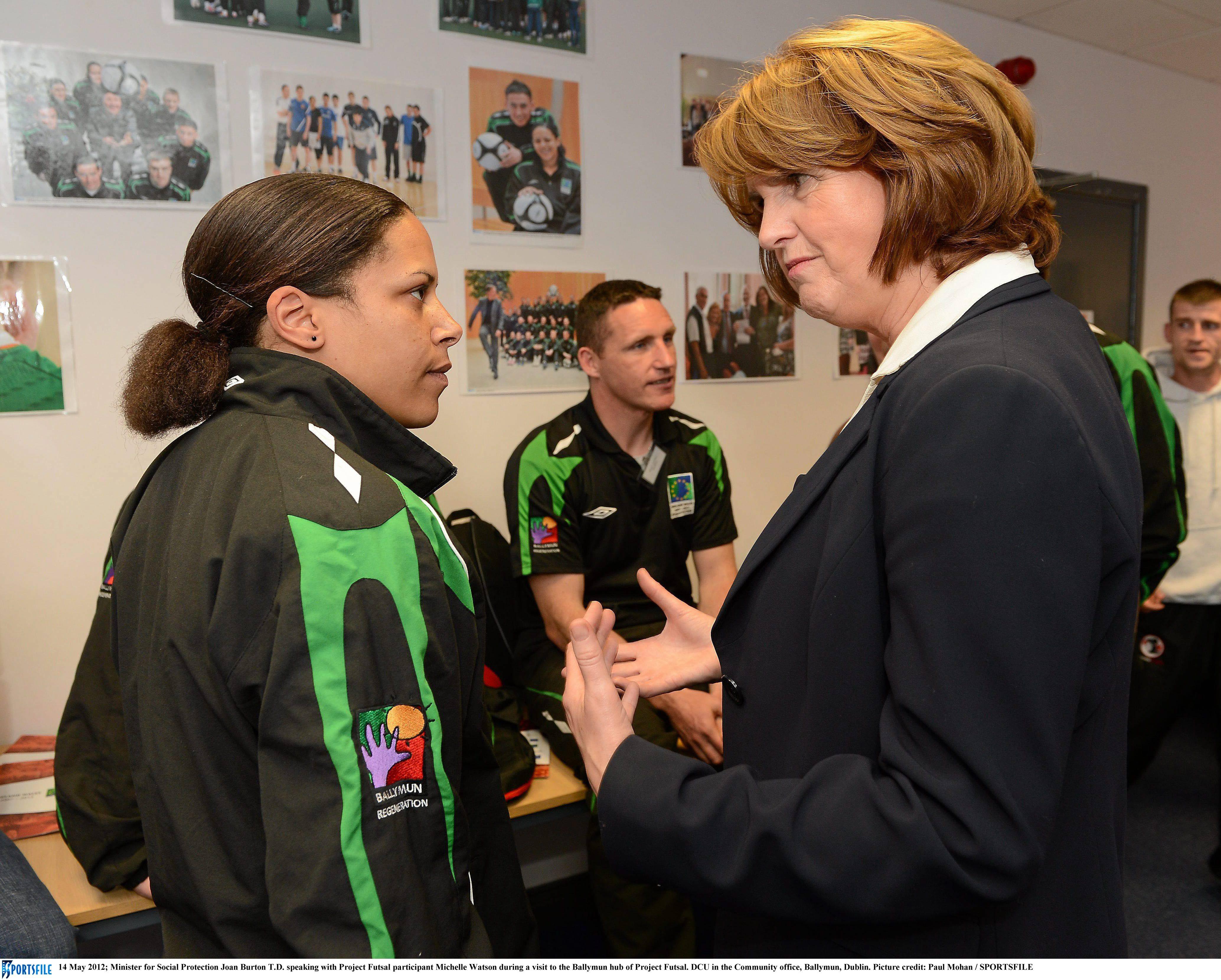 Minister for Social Protection, Joan Burton T.D. pictured during a visit to the Project FUTSAL Ballymun training hub with project FUTSAL participant Michelle Watson. Picture credit: Paul Mohan/SPORTSF