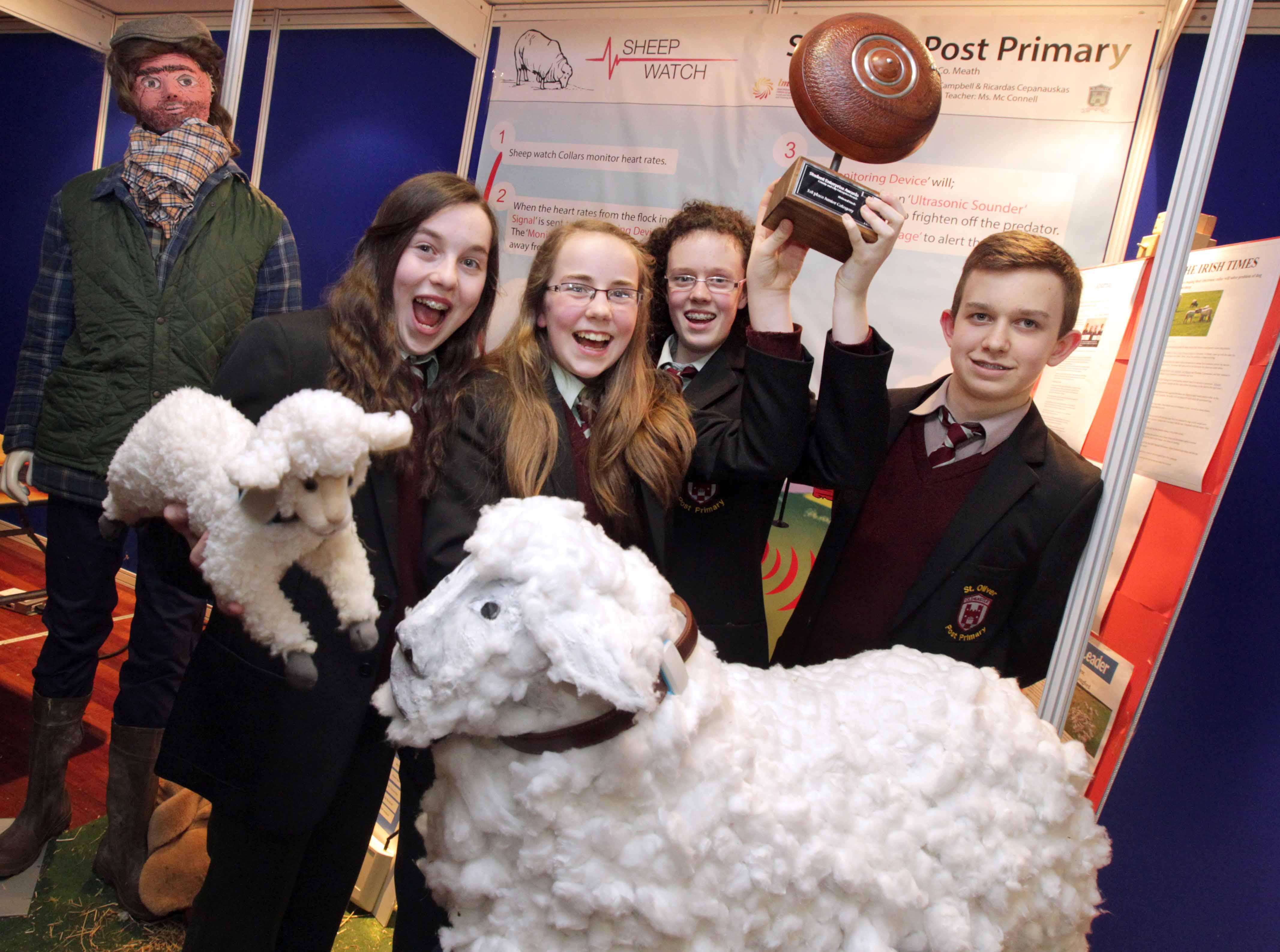Emma McCabe (14), Zoe Maguire (13), Edel Campbell (13) and Ricardas Cepanauskas (14) of ‘Sheep Watch’ from St. Oliver Post Primary School, Oldcastle, Co. Meath winners of the Junior Category of the S